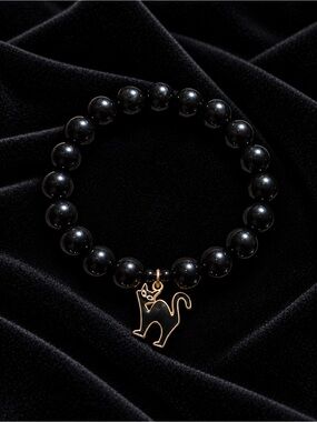 Avon Black Cat Trick or Treat Charm Black Beaded Stretch Bracelet
